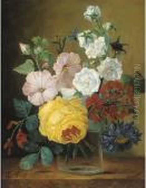 Mixed Flowers In A Glass Vase On A Ledge Oil Painting by Jan Frans Van Dael