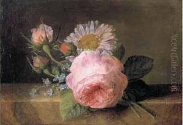 Roses, Marguerite Et Myosotis Sur Un Entablement De Marbre Oil Painting by Jan Frans Van Dael