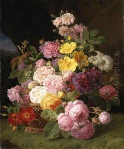 Roses, Peonies And Other Flowers On A Ledge Oil Painting by Jan Frans Van Dael