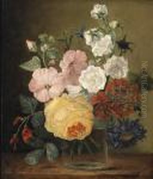 Flowers In A Glass Jar On A Ledge Oil Painting by Jan Frans Van Dael