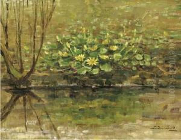 Yellow Flowers On The Waterside Oil Painting by Lucie Van Dam Van Isselt