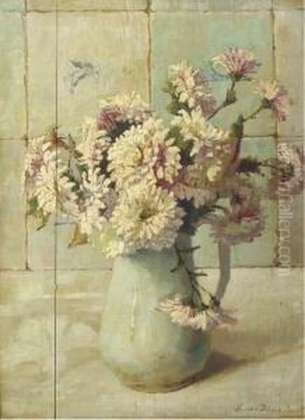 Chrysanthemums In A Jug By A Tiled Wall Oil Painting by Lucie Van Dam Van Isselt