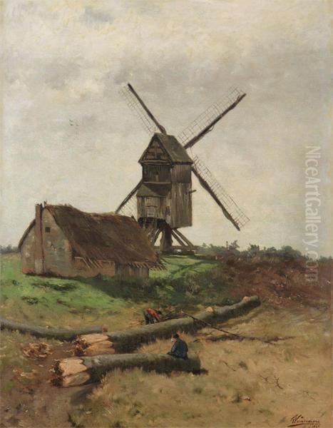 Lumberjacks Near A Wind Mill Oil Painting by Frans Van Damme