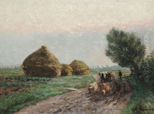 Landscape With Cows And Haystacks Oil Painting by Frans Van Damme