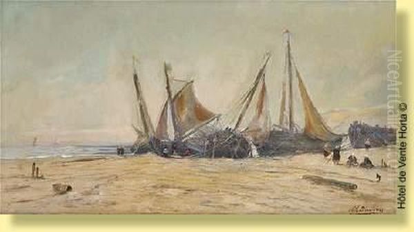 Barques De Peche Echouees Oil Painting by Frans Van Damme