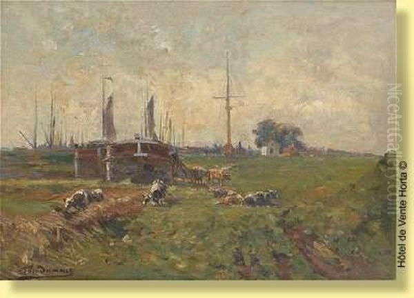 Vaches En Bordure De Canal Oil Painting by Frans Van Damme