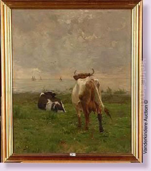 Vaches Au Bord De La Mer Oil Painting by Emile Van Damme-Sylva