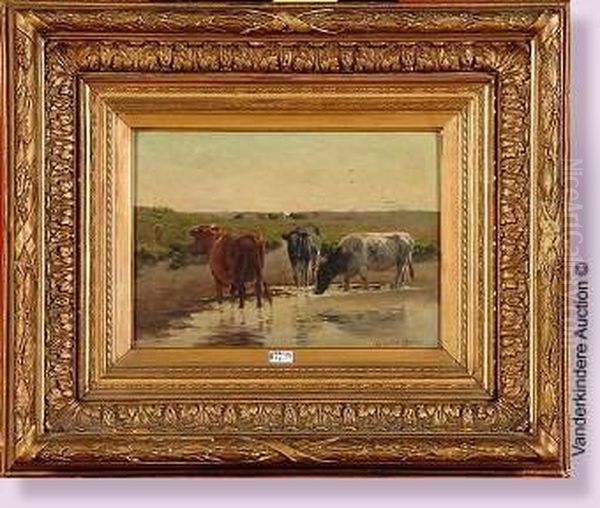 Vaches A La Mare Oil Painting by Emile Van Damme-Sylva