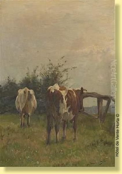 Deux Vaches Au Pre Oil Painting by Emile Van Damme-Sylva