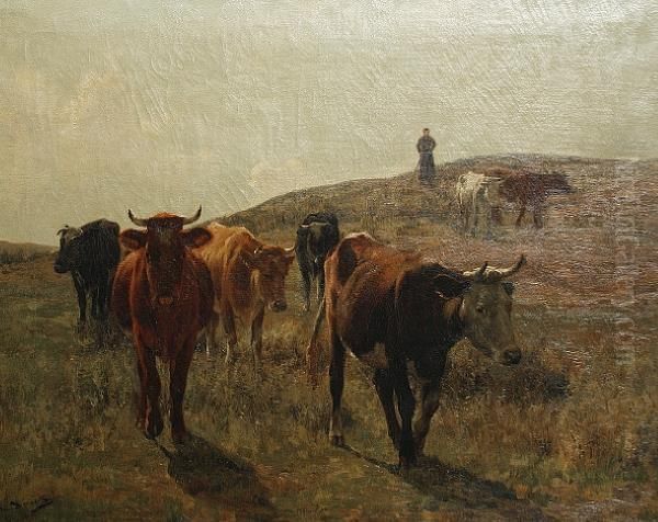 Cattle In A Landscape Oil Painting by Emile Van Damme-Sylva