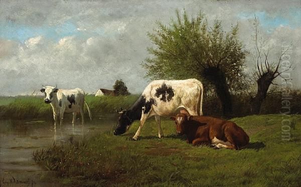 A Pastoral Landscape With Three Cows By Astream Oil Painting by Emile Van Damme-Sylva