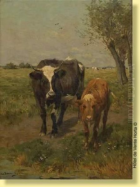 Vacheet Veau Sur Fond De Paturages Oil Painting by Emile Van Damme-Sylva