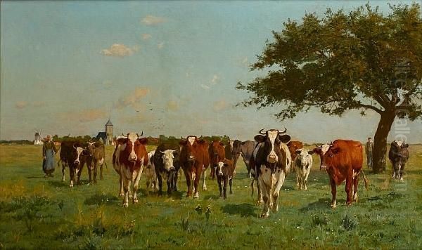 Cattle In A Meadow Oil Painting by Emile Van Damme-Sylva