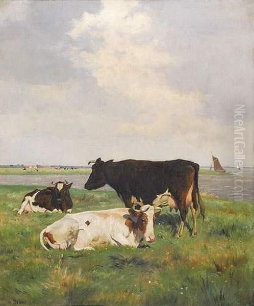 Koeien Bij De Oever Oil Painting by Emile Van Damme-Sylva