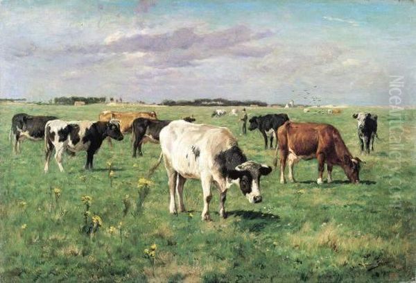 Koeien In De Polders (1884) Oil Painting by Emile Van Damme-Sylva