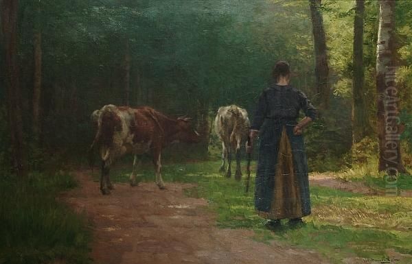 A Figure Driving Cattle In A Wood Oil Painting by Emile Van Damme-Sylva