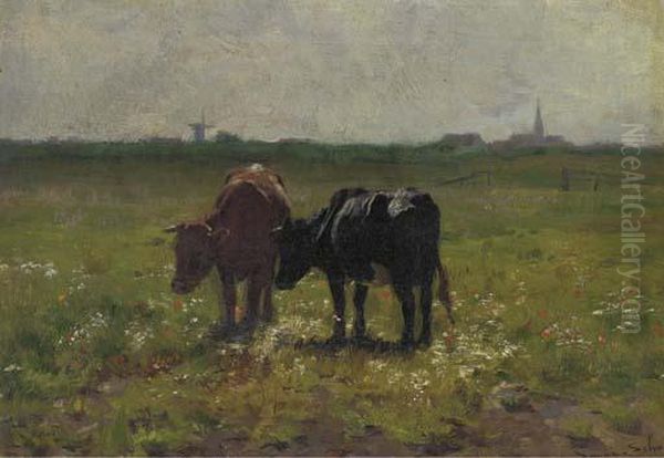 Cows In Pasture Oil Painting by Emile Van Damme-Sylva