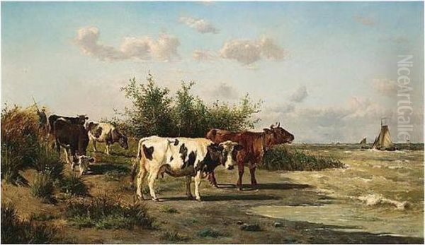 Emile , Cattle At Water's Edge, Falsely Signed, Oil On Canvas, 76 X 127 Cm.; 30 X 50 In Oil Painting by Emile Van Damme-Sylva