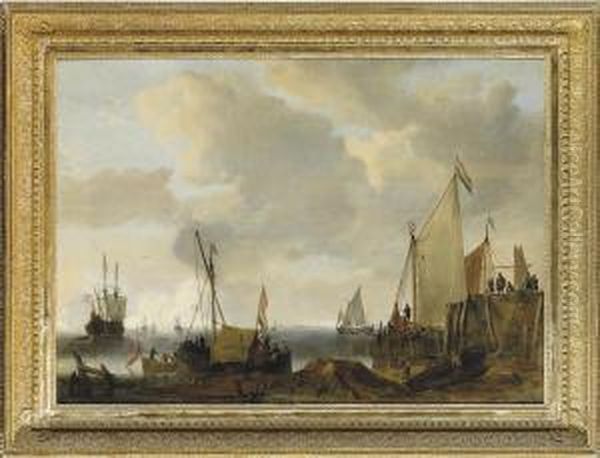 A Coastal Landscape With Dutch Shipping In Dock, At Anchor And Atsea Oil Painting by William Velde Van De Bonfield