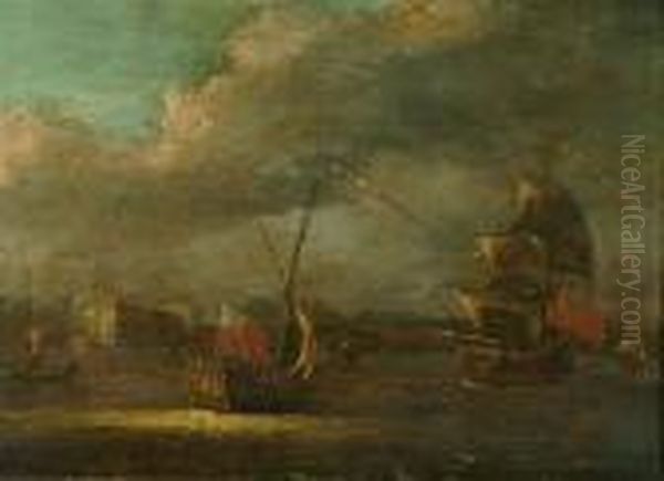 Men O'war On The Thames Off Greenwich Oil Painting by William Velde Van De Bonfield