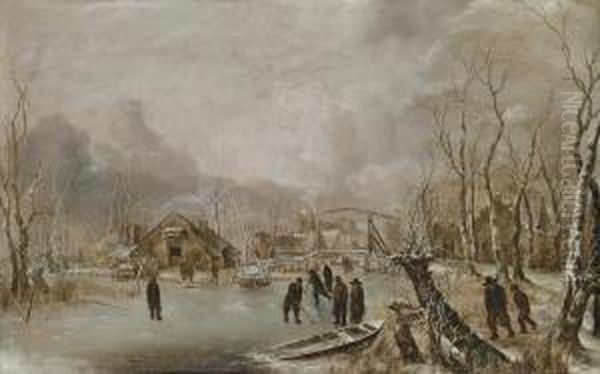 Winter Landscape With Skaters And Kolf Players On A Frozen Waterwayby A Village Oil Painting by Jan Van De Capelle