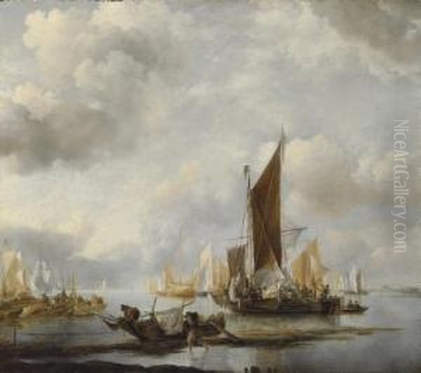 A Calm Sea With Ships Near The Shore Oil Painting by Jan Van De Capelle