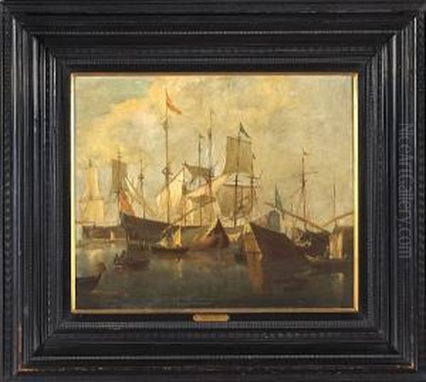 A Busy Harbor Scene Oil Painting by Jan Van De Capelle