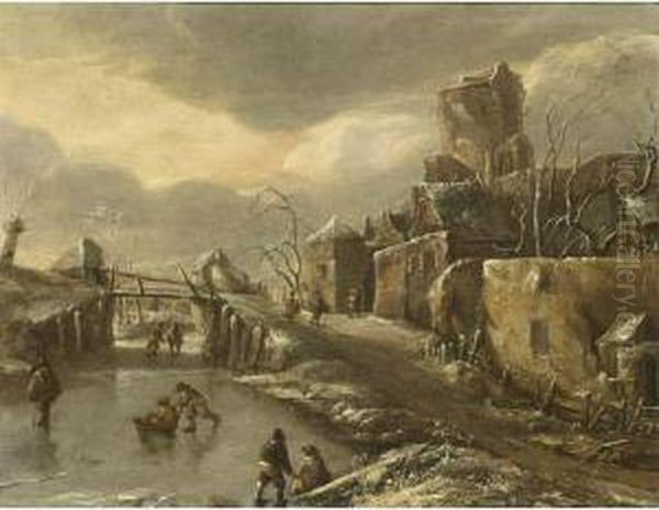 A Winterlandscape With Skaters On The Ice, A Town Beyond Oil Painting by Jan Van De Capelle