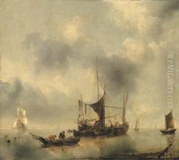 A Kaag And A Smak In A Calm, 
With Fishermen Pulling In Their Catchfrom A Rowing-boat In The 
Foreground, A Dutch Frigate And Otherboats Beyond Oil Painting by Jan Van De Capelle