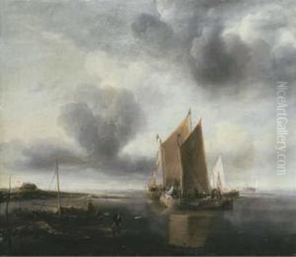 Two Smalschips And Other Shipping Off A Sandbank In A Calm Oil Painting by Jan Van De Capelle