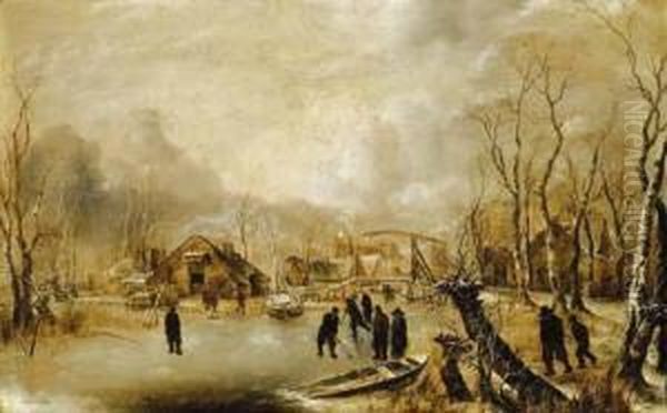 A Winter Landscape Oil Painting by Jan Van De Capelle