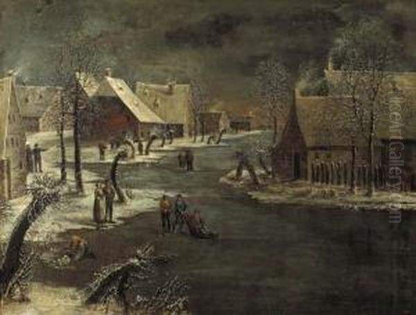 A Winterlandscape With Skaters On A Frozen Waterway In A Village Oil Painting by Jan Van De Capelle