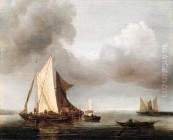 A Calm: Smalschepen At Anchor On A Cloudy Day Oil Painting by Jan Van De Capelle