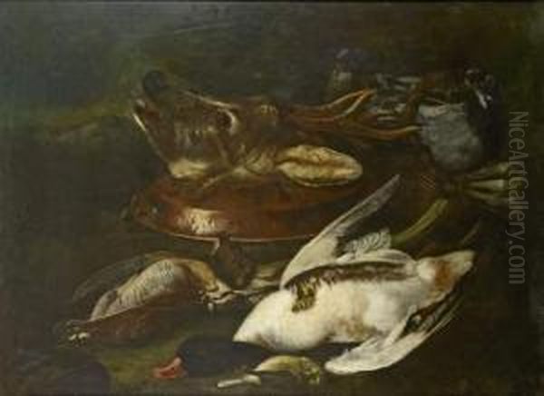 Tete De Brocart, Canard Et Poireaux Oil Painting by Jacob van der (Giacomo da Castello) Kerckhoven