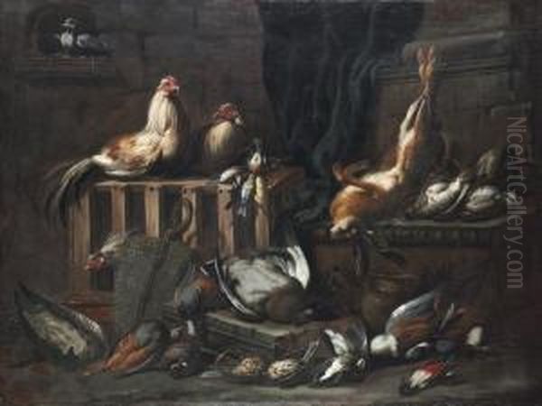 A Dove, Cockerels, Hare, Duck, 
Woodpecker And Other Game Birds By A Partly-draped Classical Building Oil Painting by Jacob van der (Giacomo da Castello) Kerckhoven