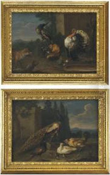 A Peacock, A Peahen, A Hen And A
 Cockerel With Chicks In An Italianate Landscape; And A Turkey, A 
Cockerel And A Peacock Near A Water Tray With A Fox In A Landscape Oil Painting by Jacob van der (Giacomo da Castello) Kerckhoven