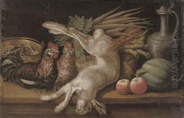 A Dead Hare, Two Hens, Apples, A
 Melon, Carrots And Turnips In A Woven Basket And A Bucket Of Fish On A 
Table Oil Painting by Jacob van der (Giacomo da Castello) Kerckhoven