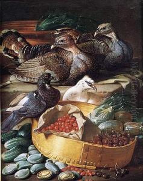 Pavos Y Pichones Con Cerezas, Fresas E Higos En Una
 Cesta Oil Painting by Jacob van der (Giacomo da Castello) Kerckhoven