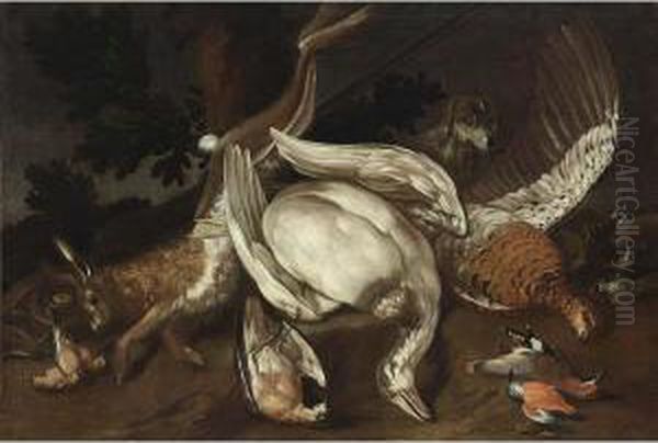 A Hunting Still Iife With A Goose, A Hare, A Pheasant And Smallbirds Oil Painting by Jacob van der (Giacomo da Castello) Kerckhoven