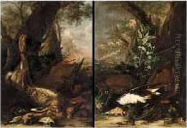 A Still Life With A Duck, Nightingales And A Finch In A Landscape;
 A Still Life With A Hare, Ducks And Snipe In A Landscape Oil Painting by Jacob van der (Giacomo da Castello) Kerckhoven