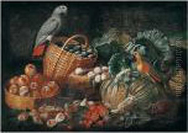 Still Life With Parrots, Pumpkins, Tomatoes, Figs, Peaches And Plums In Baskets Oil Painting by Jacob van der (Giacomo da Castello) Kerckhoven