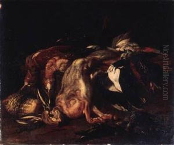 A Dead Hare And Dead Snipe With Other Game On A Rock In Alandscape Oil Painting by Jacob van der (Giacomo da Castello) Kerckhoven