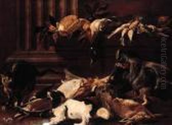 A Boar's Head, A Dead Hare, A 
Mallard, Songbirds With A Cat And Aking Charles Spaniel By A Pilaster Oil Painting by Jacob van der (Giacomo da Castello) Kerckhoven