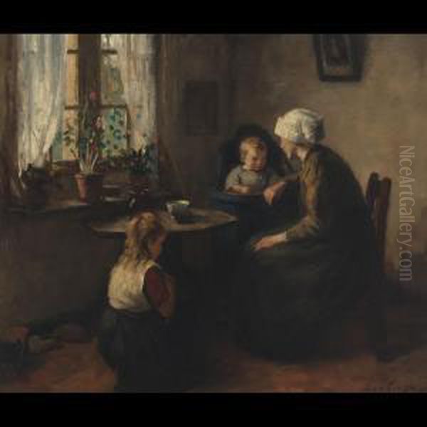 A Dutch Mother And Children Oil Painting by Lammert Van Der Tonge