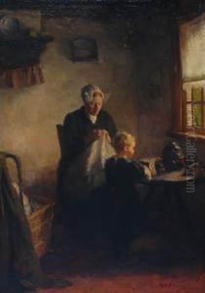 Interior With Mother And Child Oil Painting by Lammert Van Der Tonge