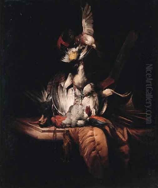 A dead partridge and dead songbirds hanging on a rope from a nail on a draped marble ledge Oil Painting by William Gowe Ferguson