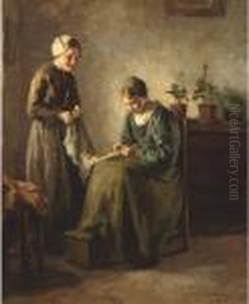 Verstellen: Sewing Oil Painting by Lammert Van Der Tonge