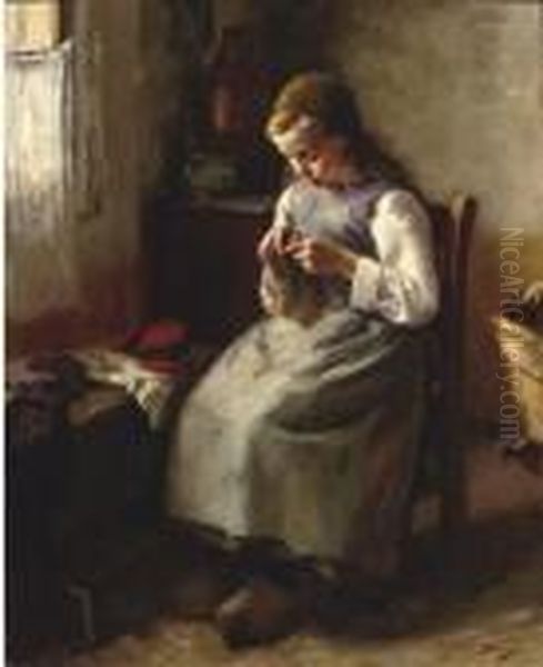 A Young Girl Knitting Oil Painting by Lammert Van Der Tonge