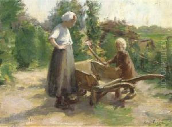 Helping Mother In The Garden Oil Painting by Lammert Van Der Tonge