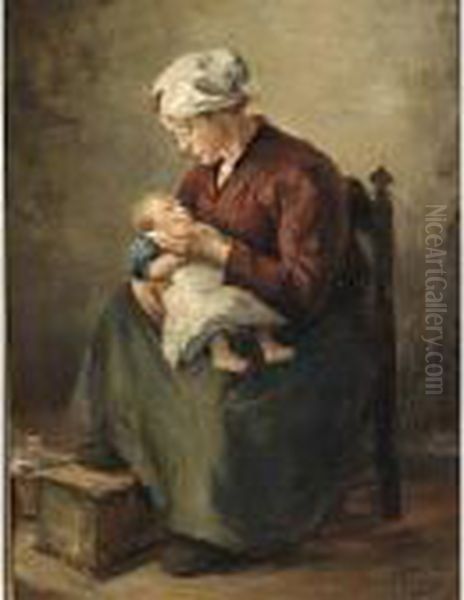 Mother And Child In A Cottage Interior Oil Painting by Lammert Van Der Tonge